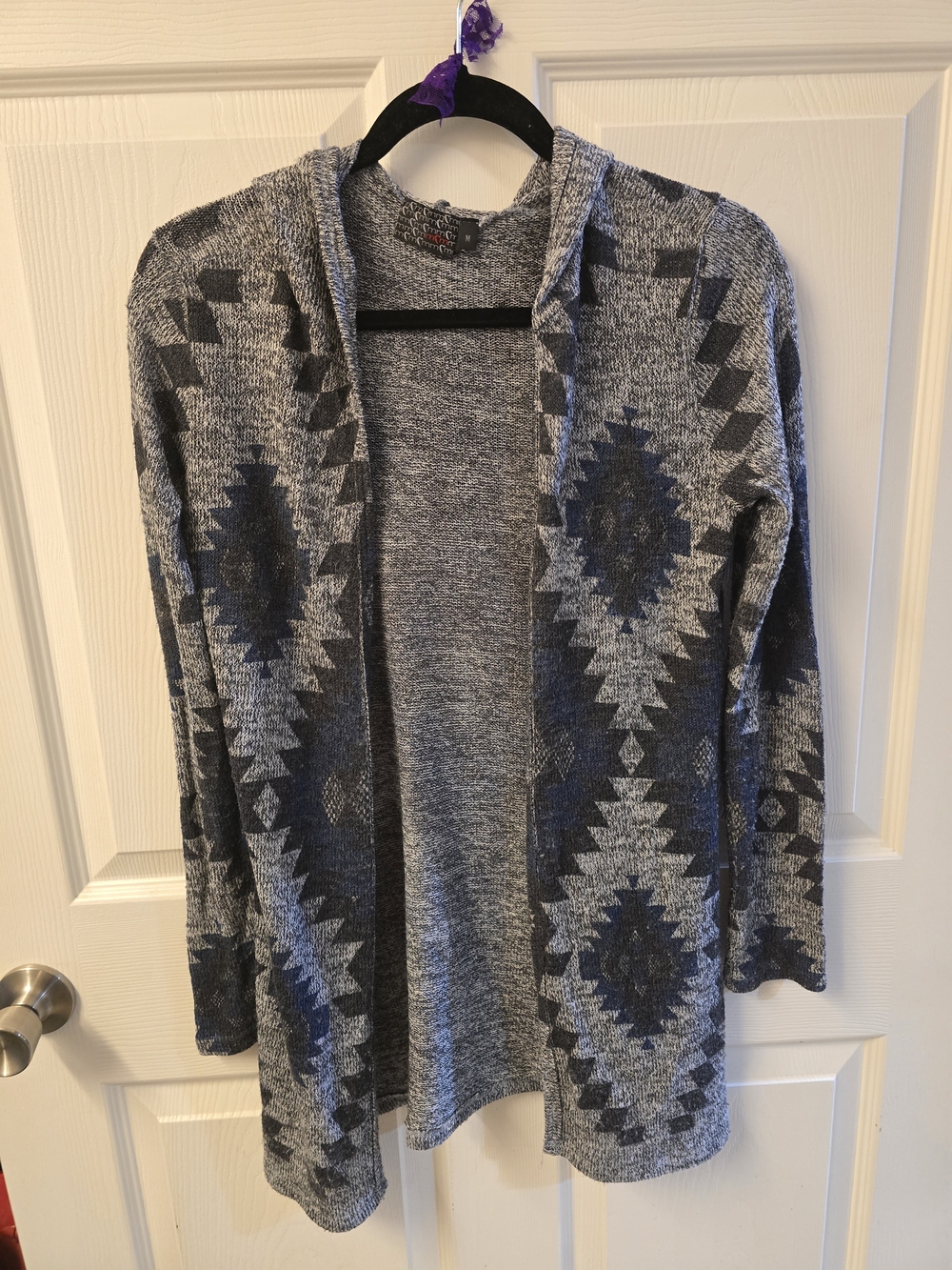 Open-Front Hooded Aztec Cardigan Sweater in Gray